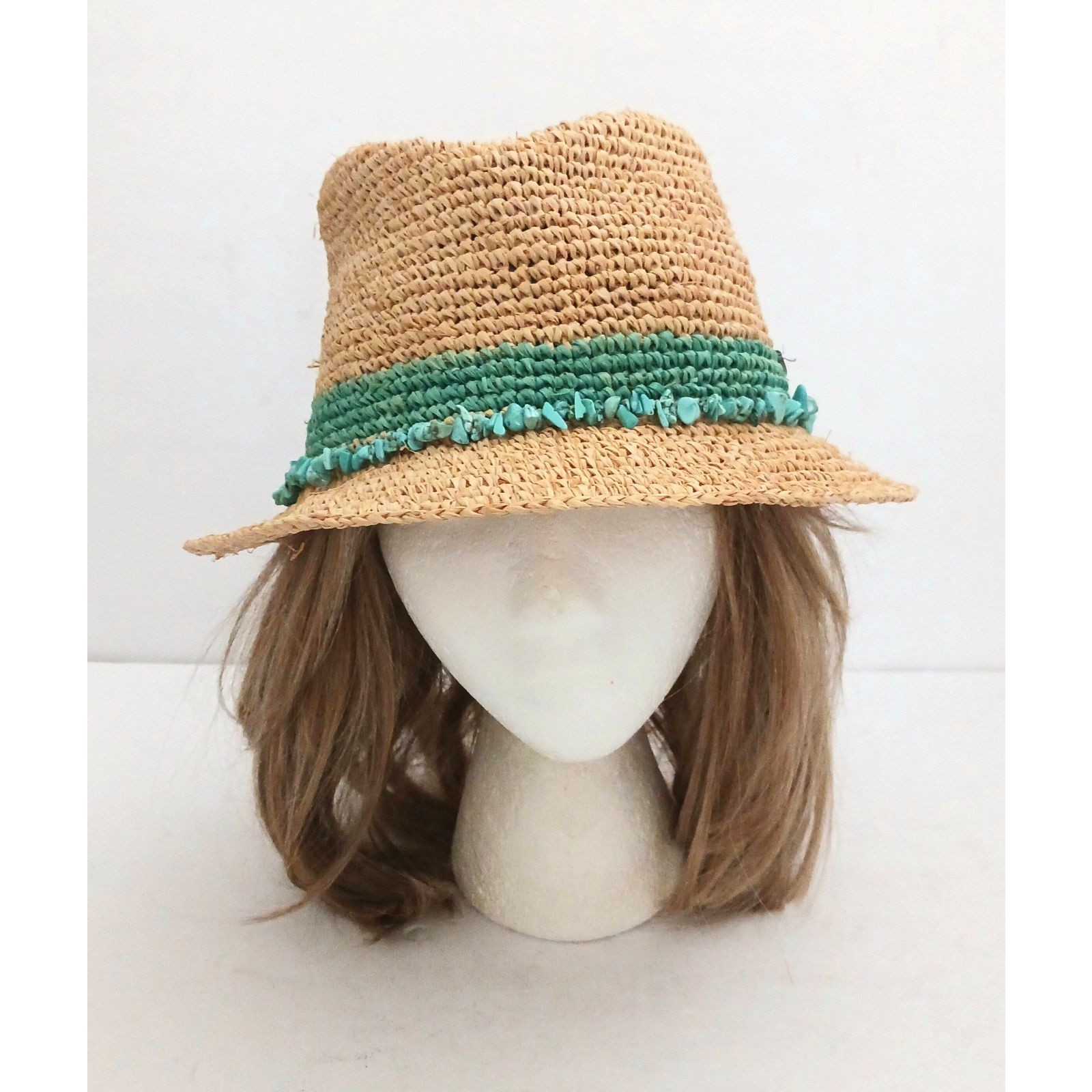 Wallaroo Hat Co Tahiti Fedora 100% Raffia Turquoise Band W Matching Stones O/S — image 2 of 8